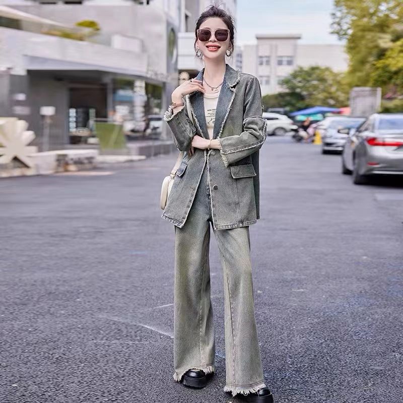 哥弟阿玛施正品韩版炸街复古休闲西服牛仔套装女2023春秋新高级感