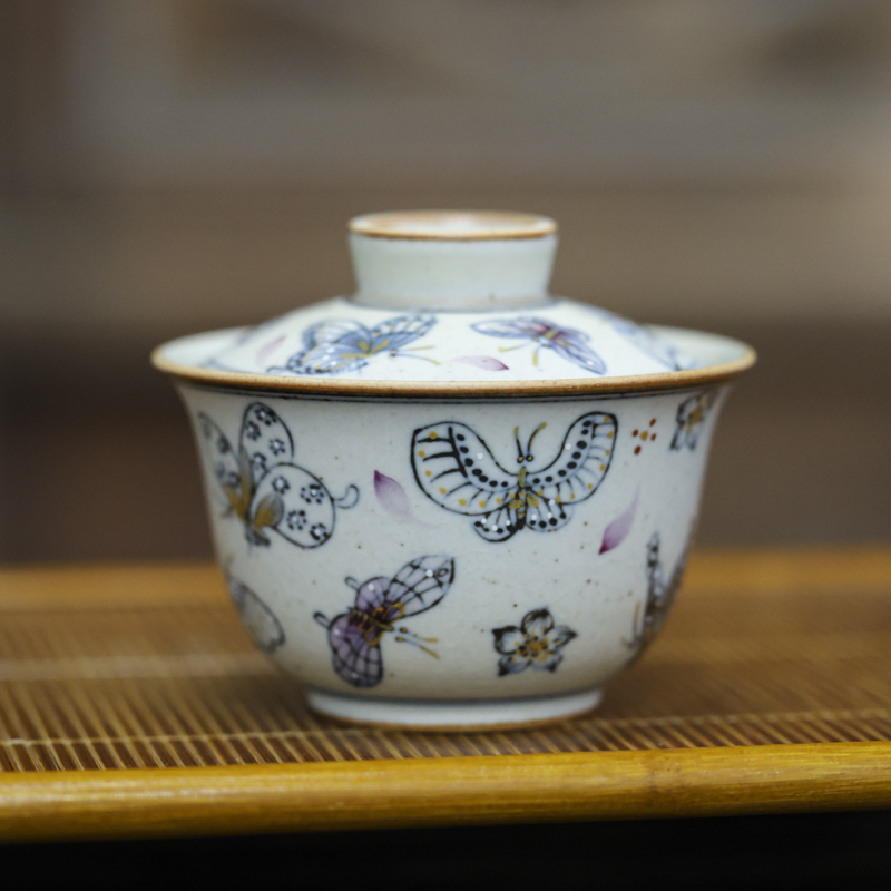 【小田甄陶】描金蝴蝶-朴云堂-撇口盖碗-170CC(朴碗0165)