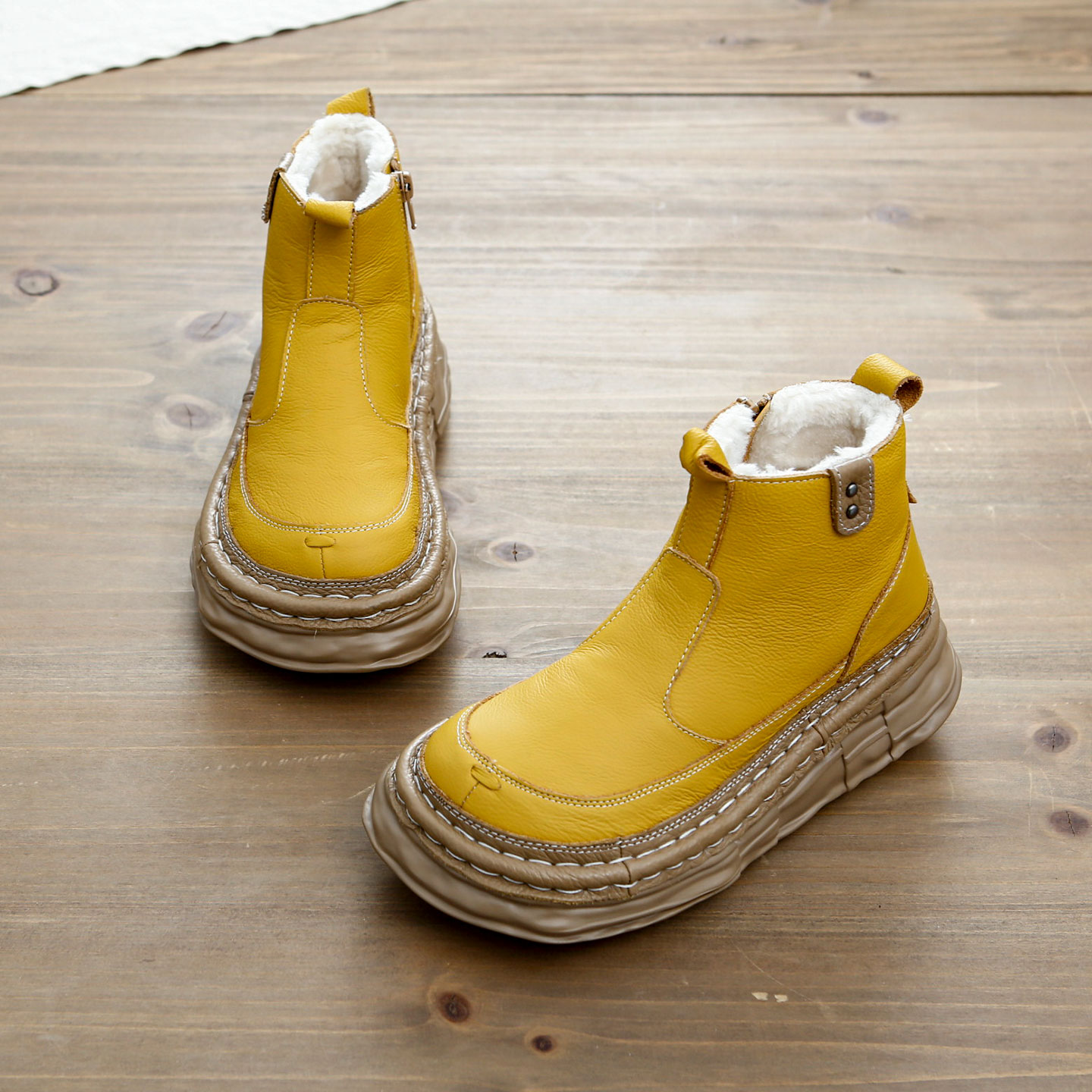 719-61手工牛皮切尔西靴轻便厚底防滑加绒保暖短靴拉链大头马丁靴