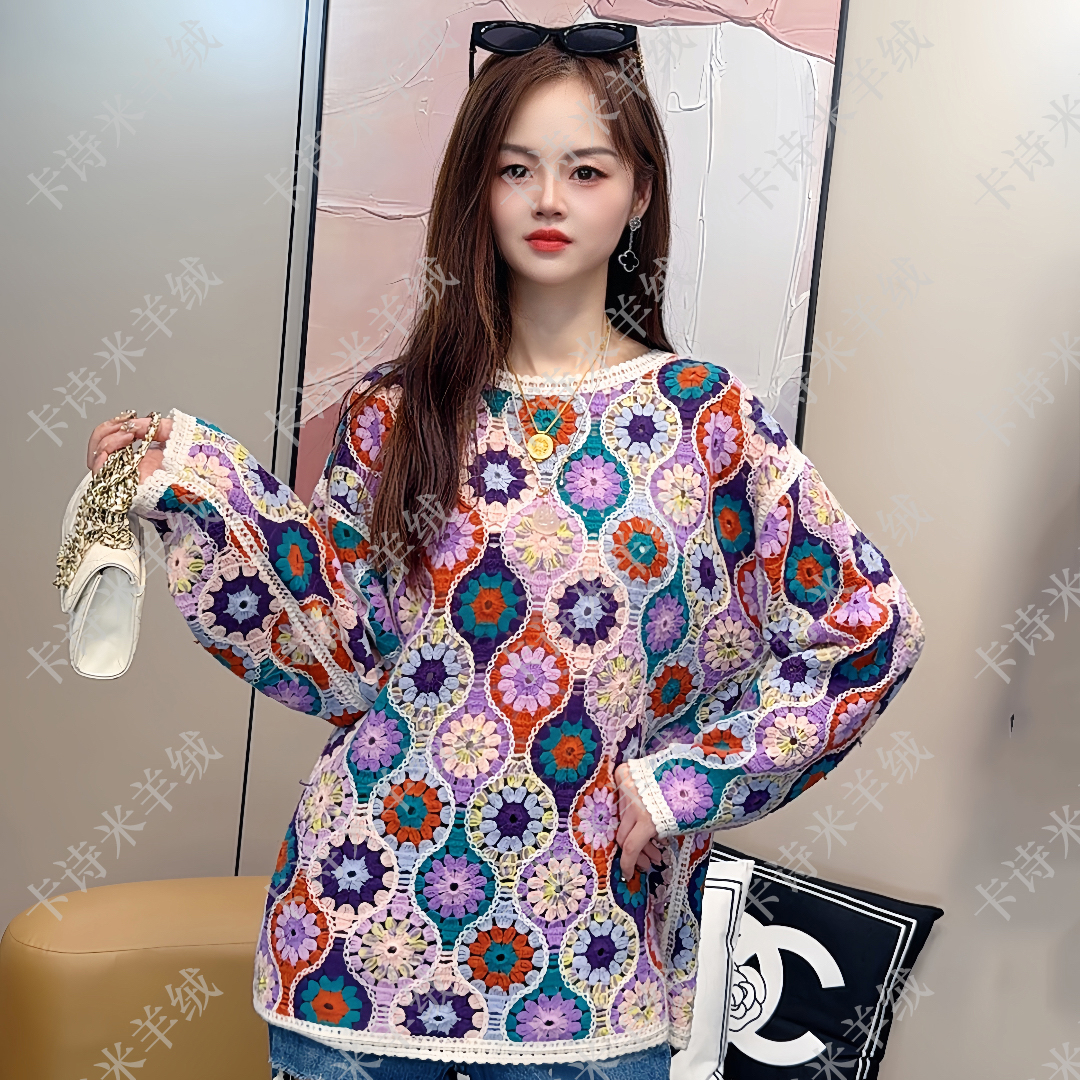 【卡诗米羊绒】DX-705花朵重工钩花山羊绒100%轻奢女款宽松上衣