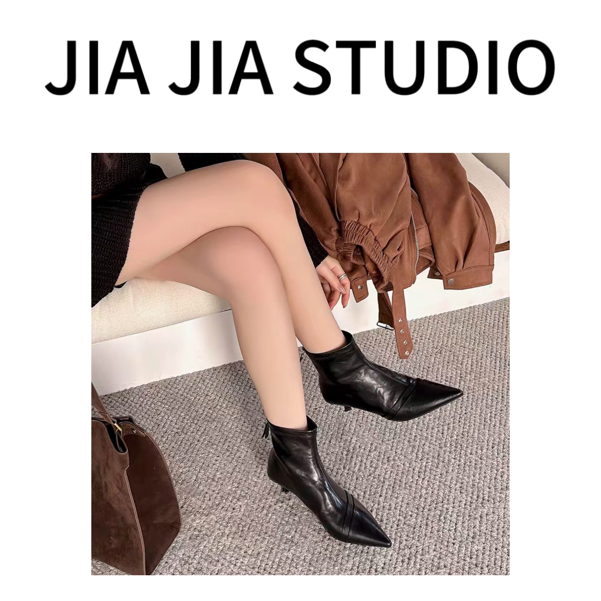 嘉嘉推荐#2423【冬季加绒加厚款】气质尖头拼接小跟鞋