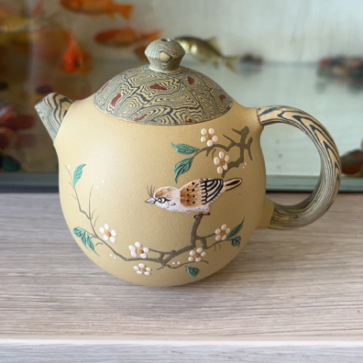 原矿紫泥全手工刻绘山水画虎纽明炉壶