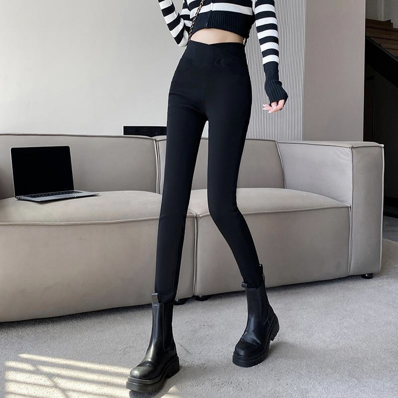交叉高腰显瘦外穿打底裤黑色修身弹力紧身小脚裤九分薄款铅笔裤