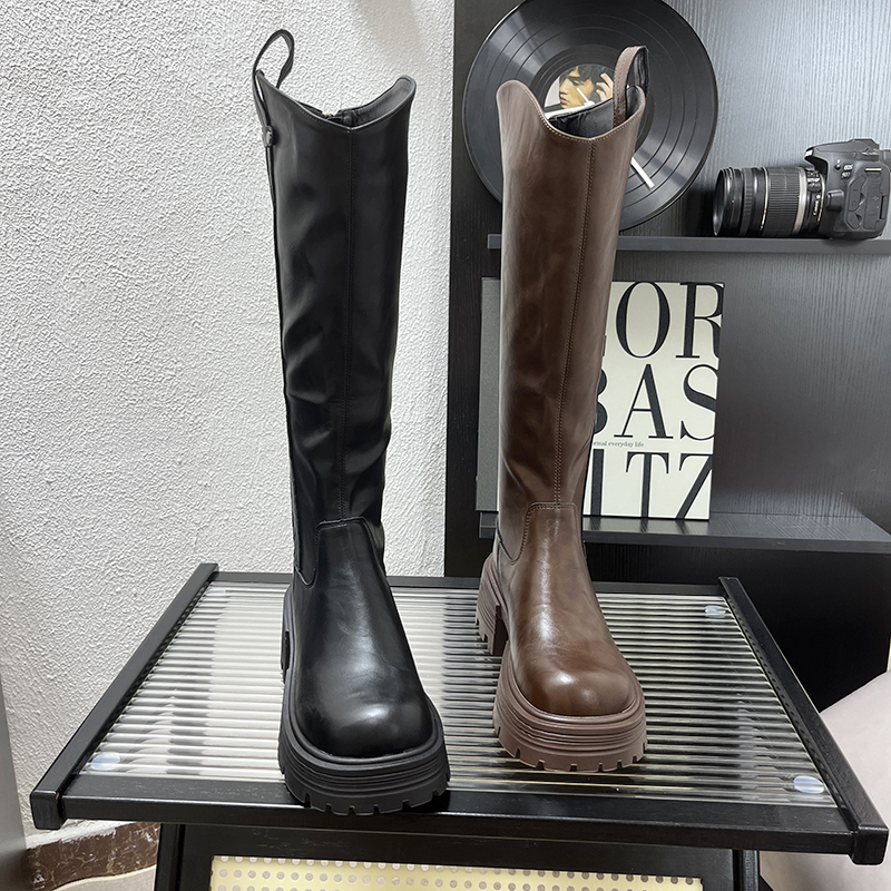 小个子厚底六厘米增高弹力靴英伦风骑士靴百搭时尚不过膝长筒靴女