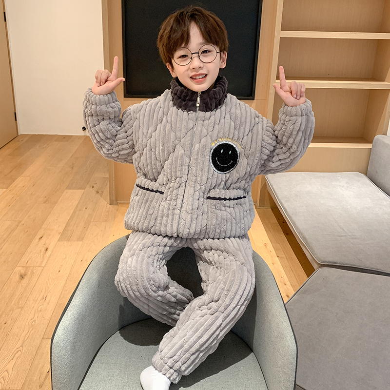 三昌男童睡衣秋冬季三层夹棉加厚珊瑚绒儿童青少年家居服套装