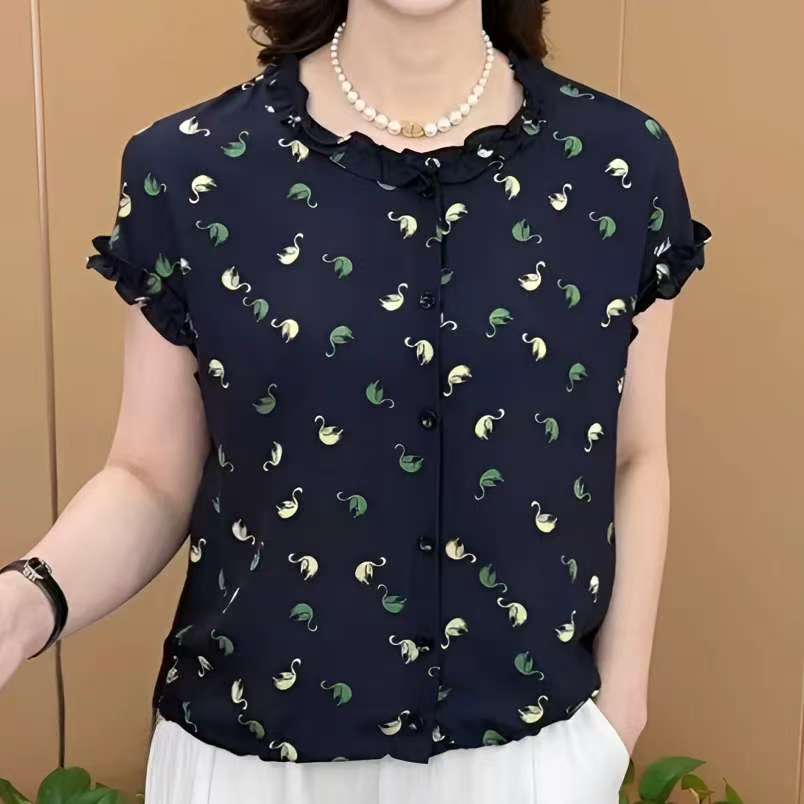 （无抽绳）夏季短袖上衣时尚花边领透气衬衫休闲遮肉大码女装天鹅