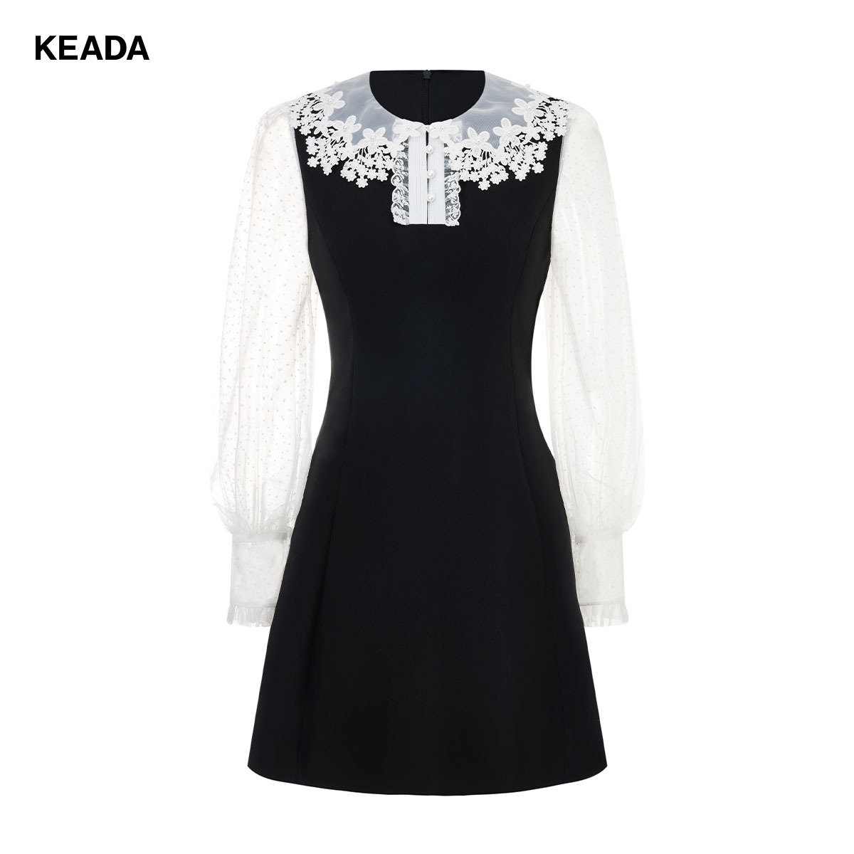 KEADA连衣裙法式复古蕾丝花簇精致珍珠撞色收腰连衣裙KSD4089375
