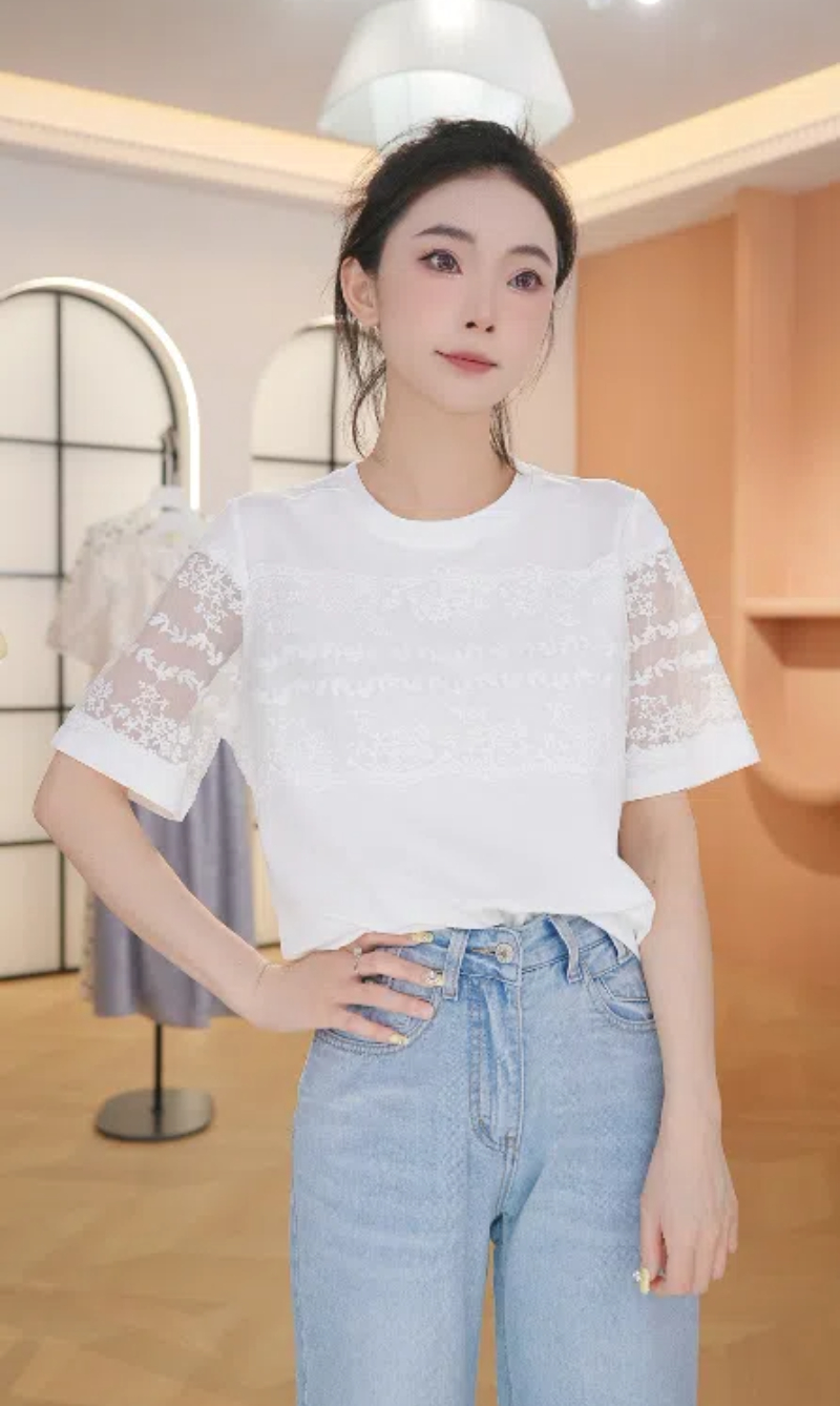 X2870高端钩花短袖T恤女士2025夏季新款今年流行洋气小衫上衣