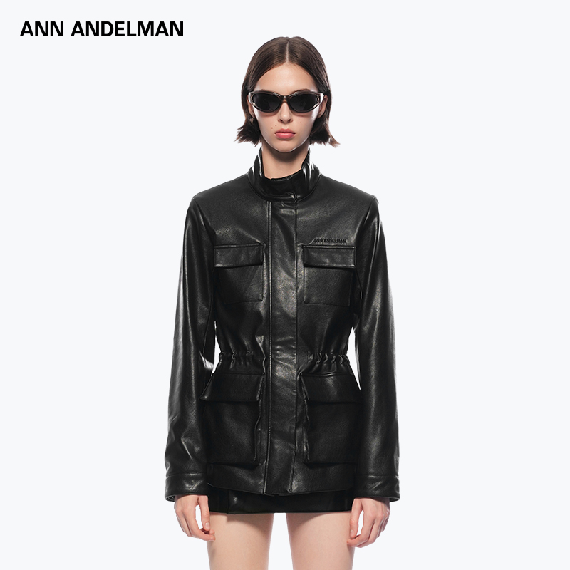 ANN ANDELMAN工装皮衣女秋冬高级感又酷又飒抽绳皮收腰黑色皮外套