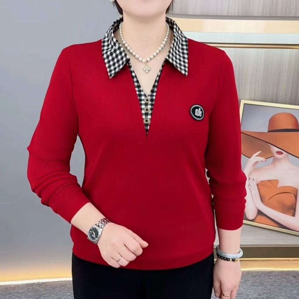 秋季新款时尚翻领假两件洋气妈妈装显瘦减龄百搭休闲长袖上衣H167
