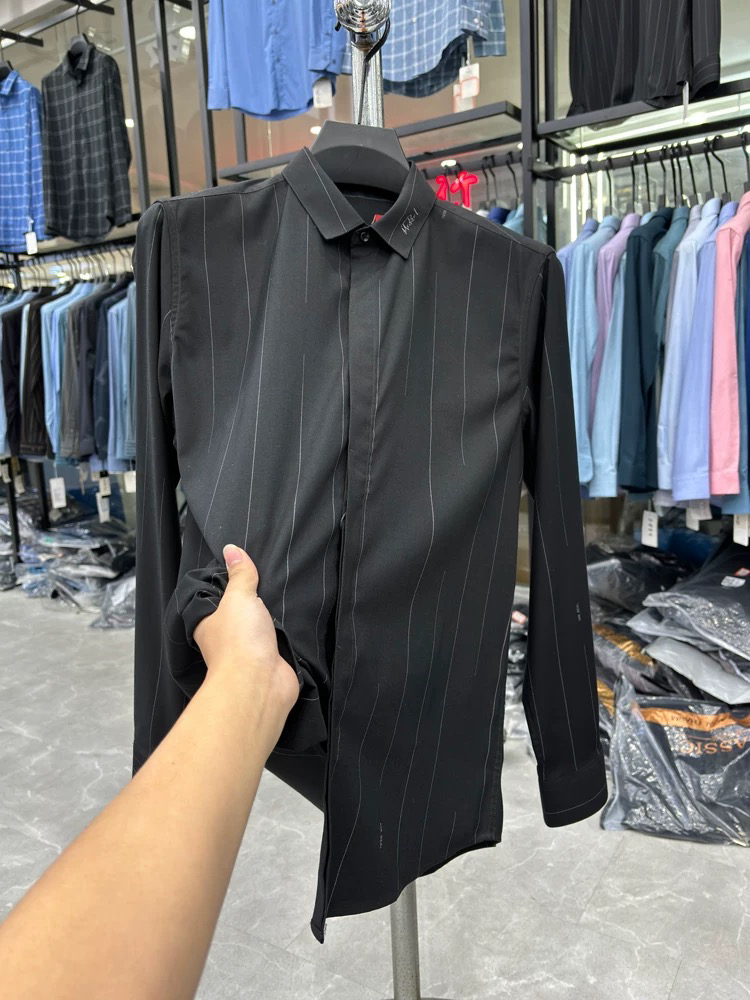 【豆家剪标】品牌撤柜 男士四季款黑色宽竖条纹商务休闲长袖衬衫