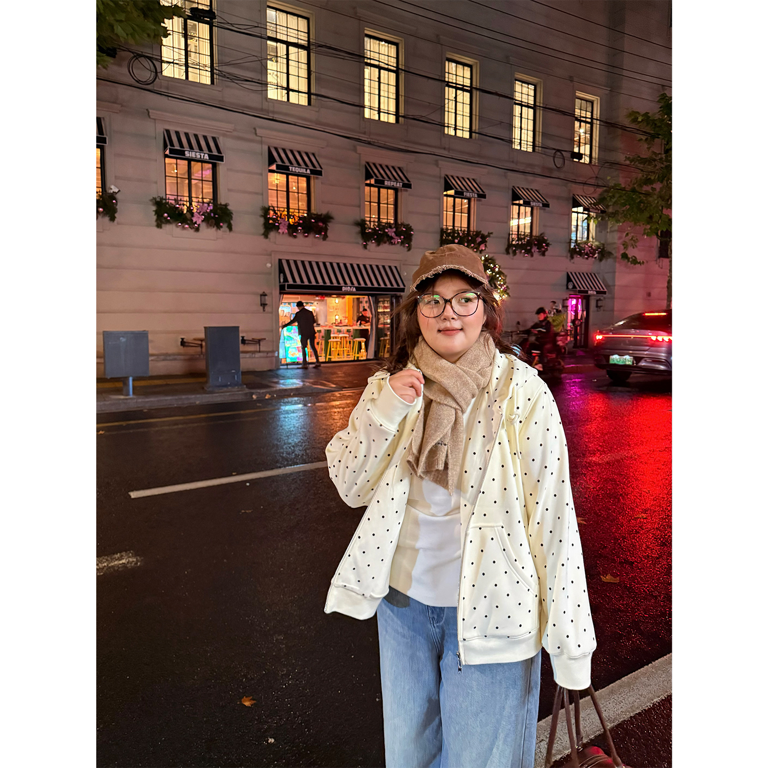 老章和小胖PONGKIKI奶油波点卫衣连帽外套女大码冬季宽松甜妹帽衫