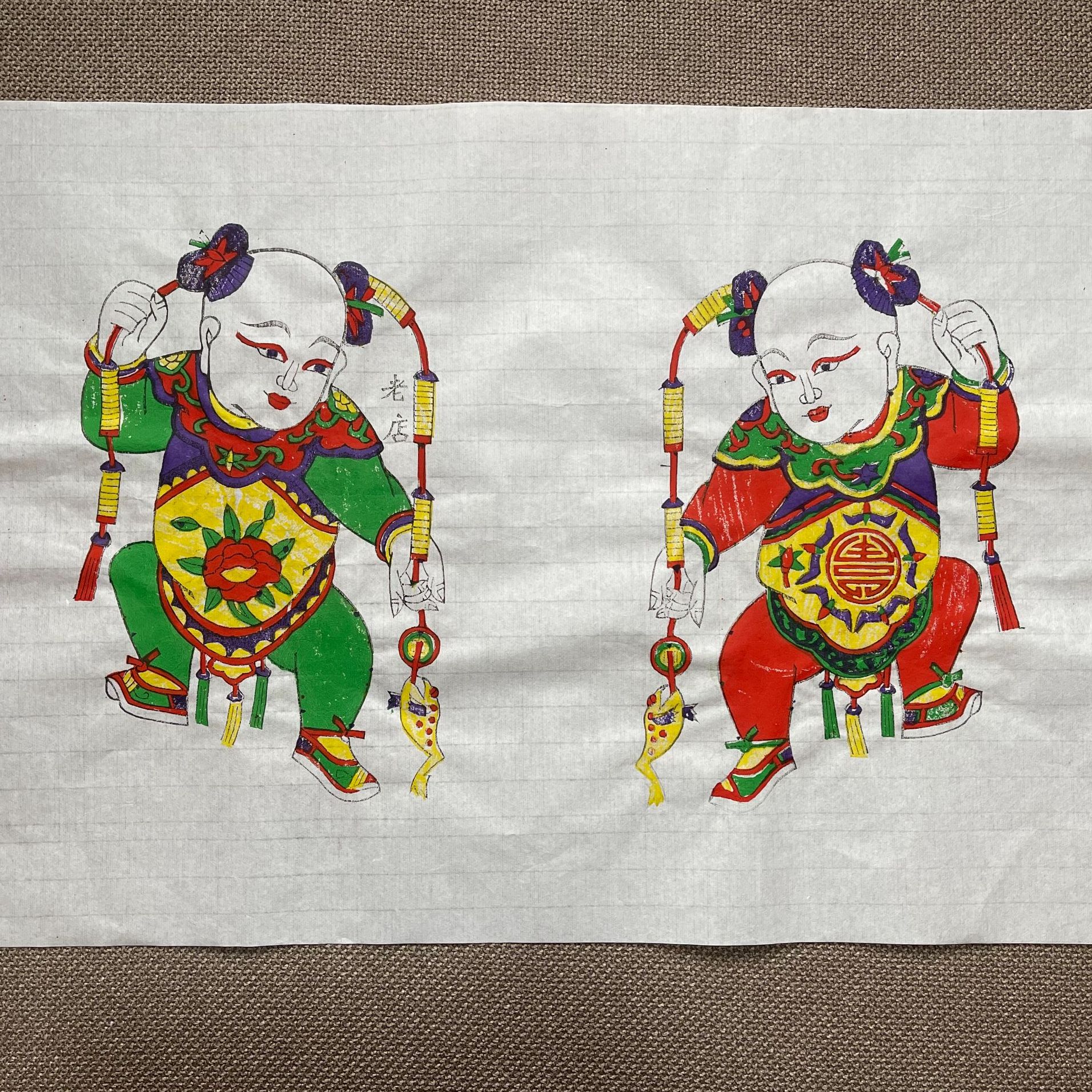 朱仙镇木板年画纯手工木板拓印刘海戏金蝉一对非遗传承天义德老店