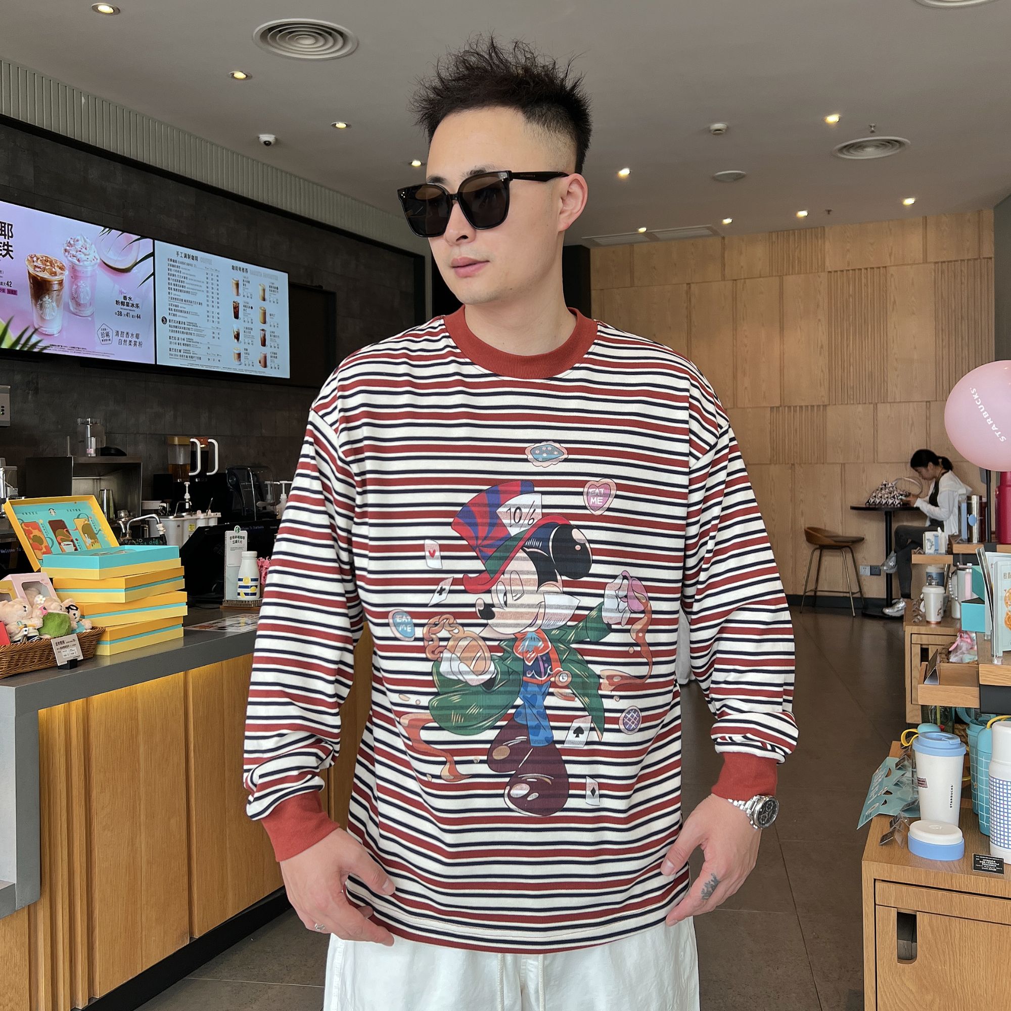 DB 男装秋季新款美式撞色条纹长袖潮流卡通情侣洋气百搭宽松显瘦-