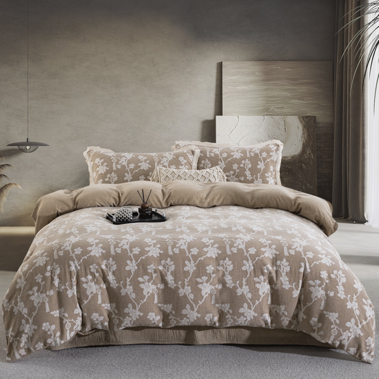 【春晖浅咖】高端棉麻色织提花四件套圆角贴边拉链款母婴A类