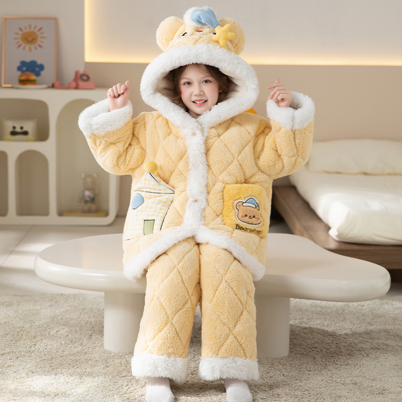 bejirog/北极绒卡通长袖加厚款珊瑚绒三层夹棉女童休闲睡袍两件套