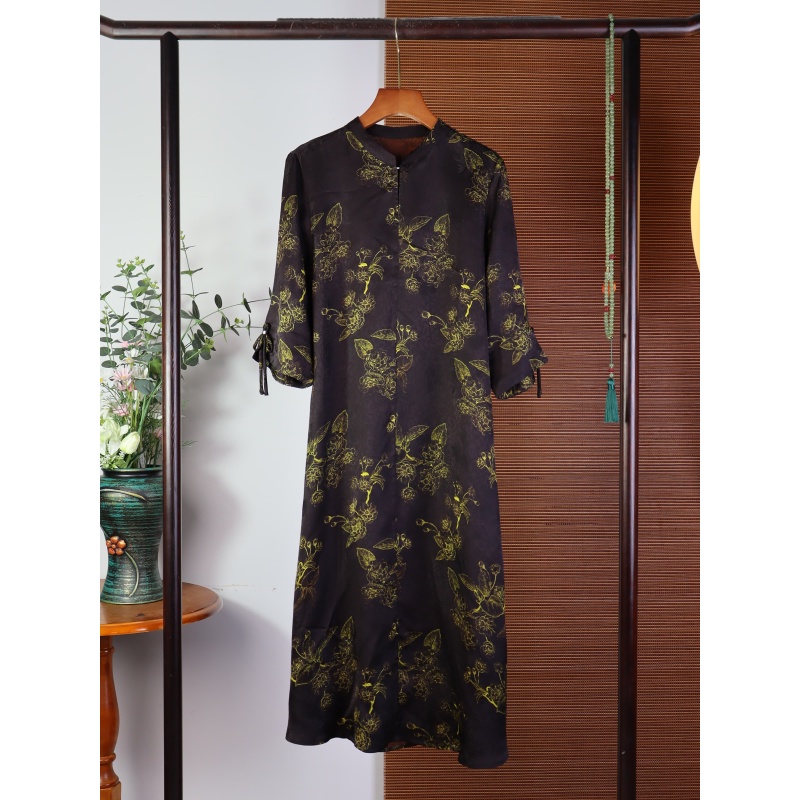 9208秋季连衣裙新中式长袖大码女装40姆 墨金桂语-长裙