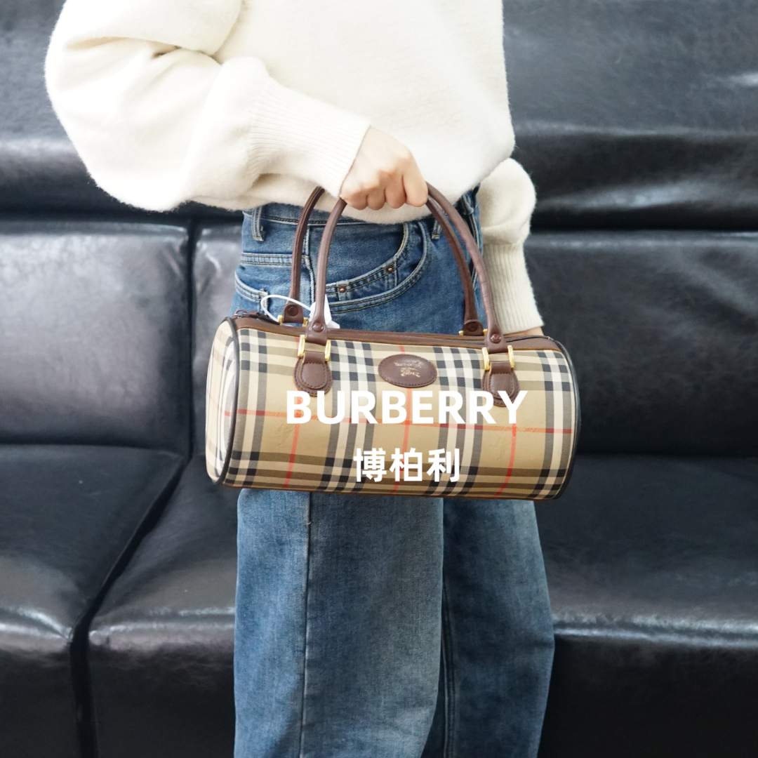 95新 BURBERRY/博柏利  巴宝莉/格纹圆筒包/FYJJ12817547/7547