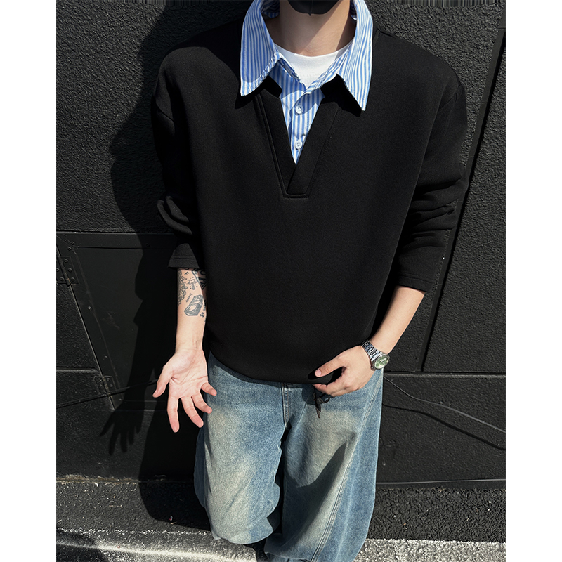 假两件衬衫领卫衣男长袖T恤秋季潮牌宽松高级感痞帅宽松休闲上衣