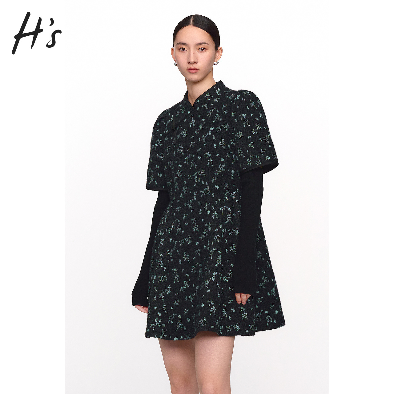 HS国风旗袍式连衣裙冬季新款高级设计感女装可脱卸新中式设计裙子