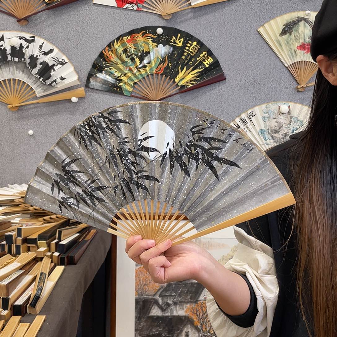 国画8寸玉竹-纯手绘-文玩扇骨（默认粘好）