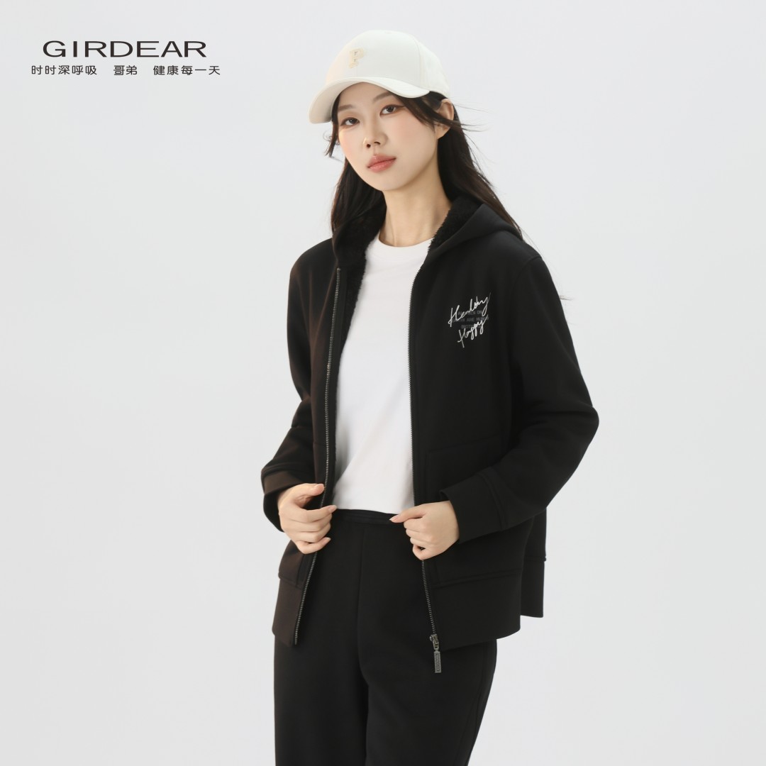 GIRDEAR/哥弟秋冬厚外套学院休闲宽松百搭印花连帽卫衣女1400801