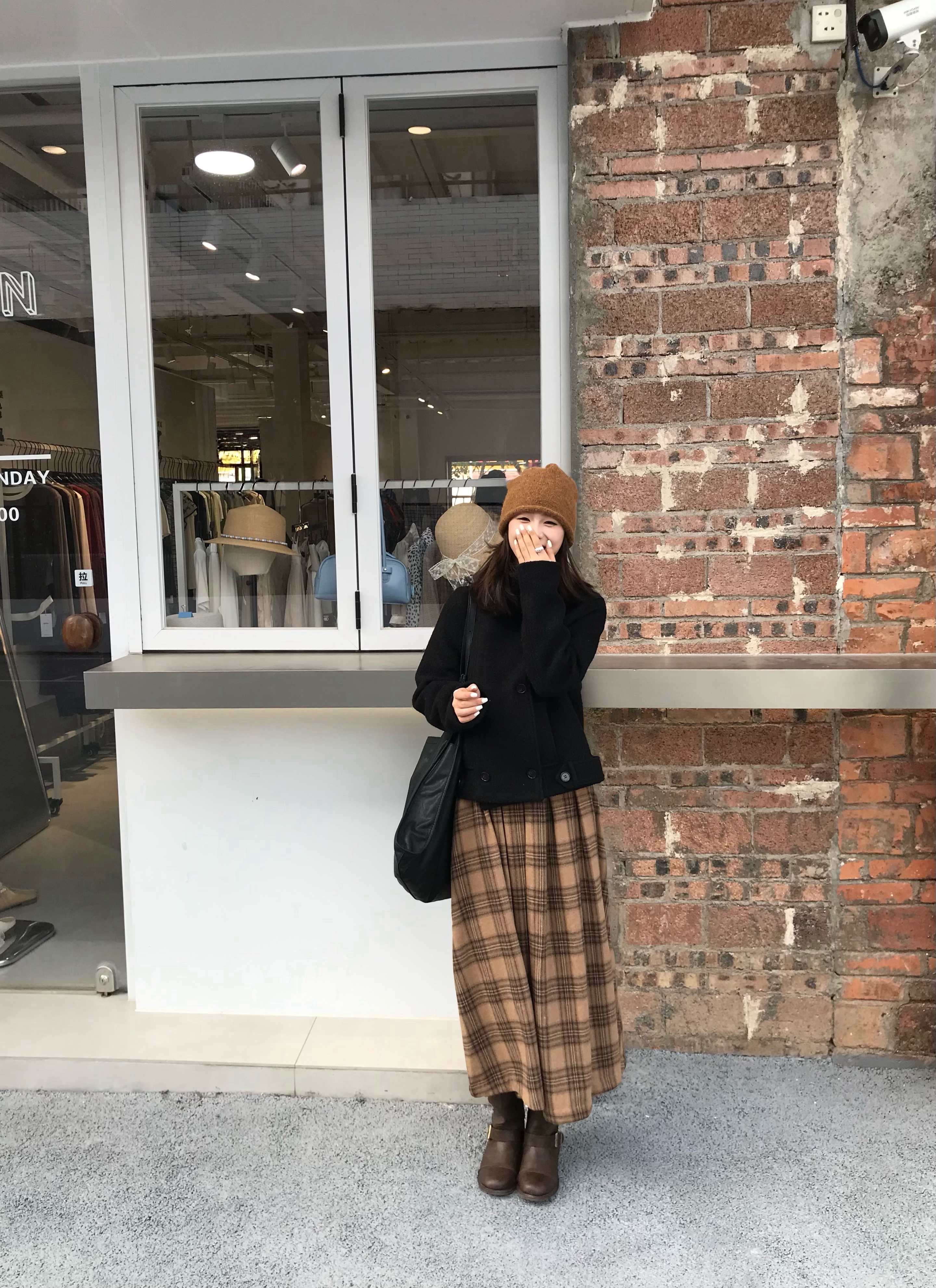 JYZ SEASON.冬季法式高腰格子半身裙格纹加绒百搭毛呢半裙松紧带