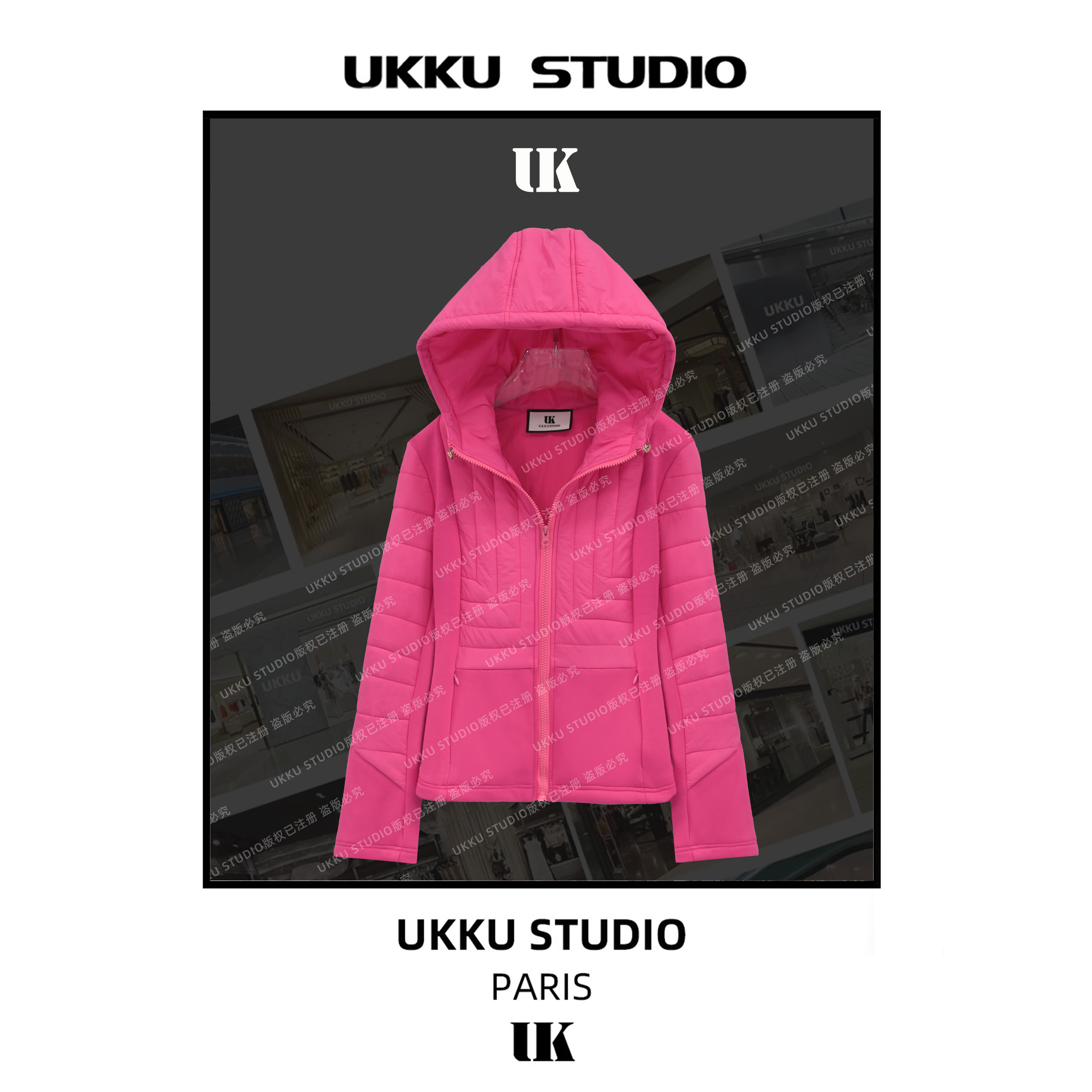 【UKKUSTUDIO】王 新款秋冬玫红色显白名媛短款加厚保暖外套312909