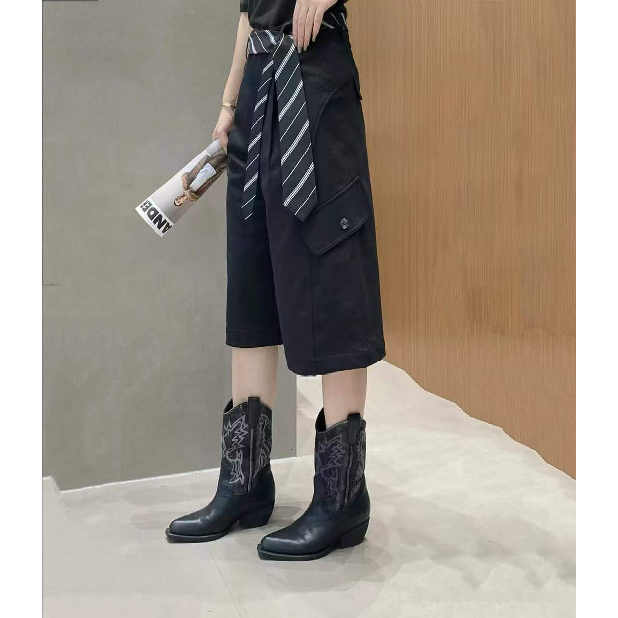 【玫瑰缘OG欧货新款设计师百搭时尚气质显瘦领带工装休闲七分裤