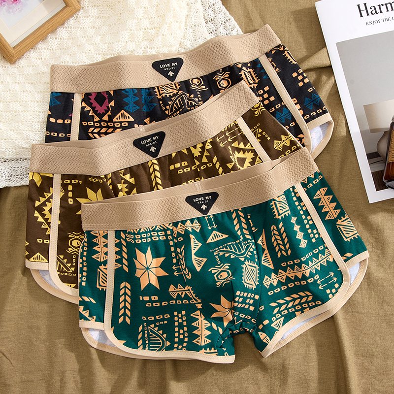 新款男士内裤美拉德棉质美式复古民族风青年平角裤透气男四角裤