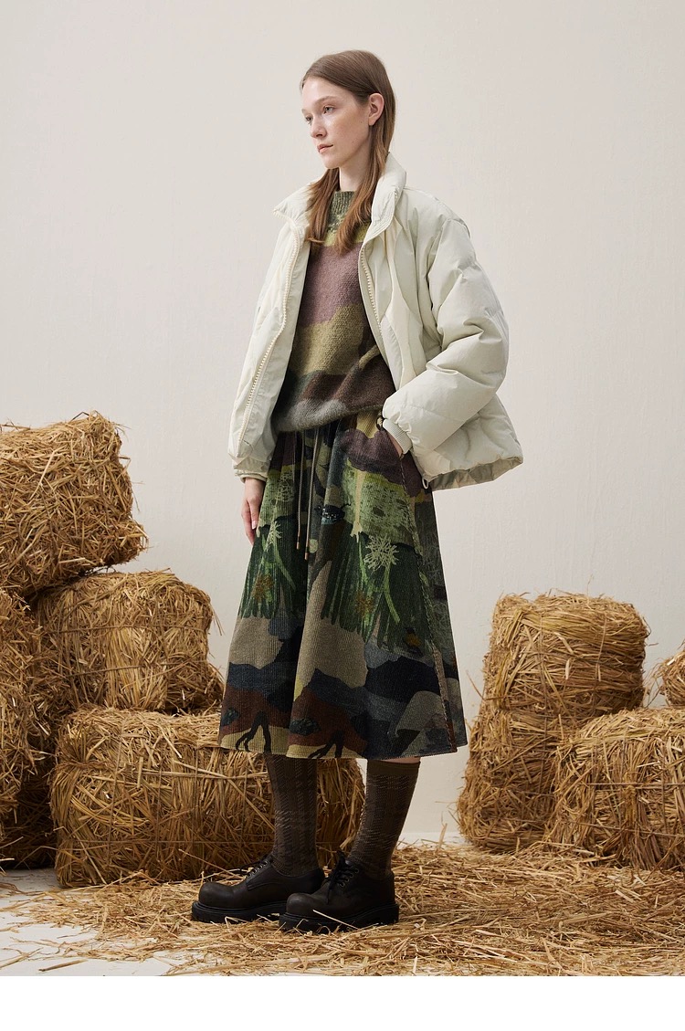 MD谜底印花半裙25冬新品复古拼接撞色抽绳腰头中长裙女254MB1675