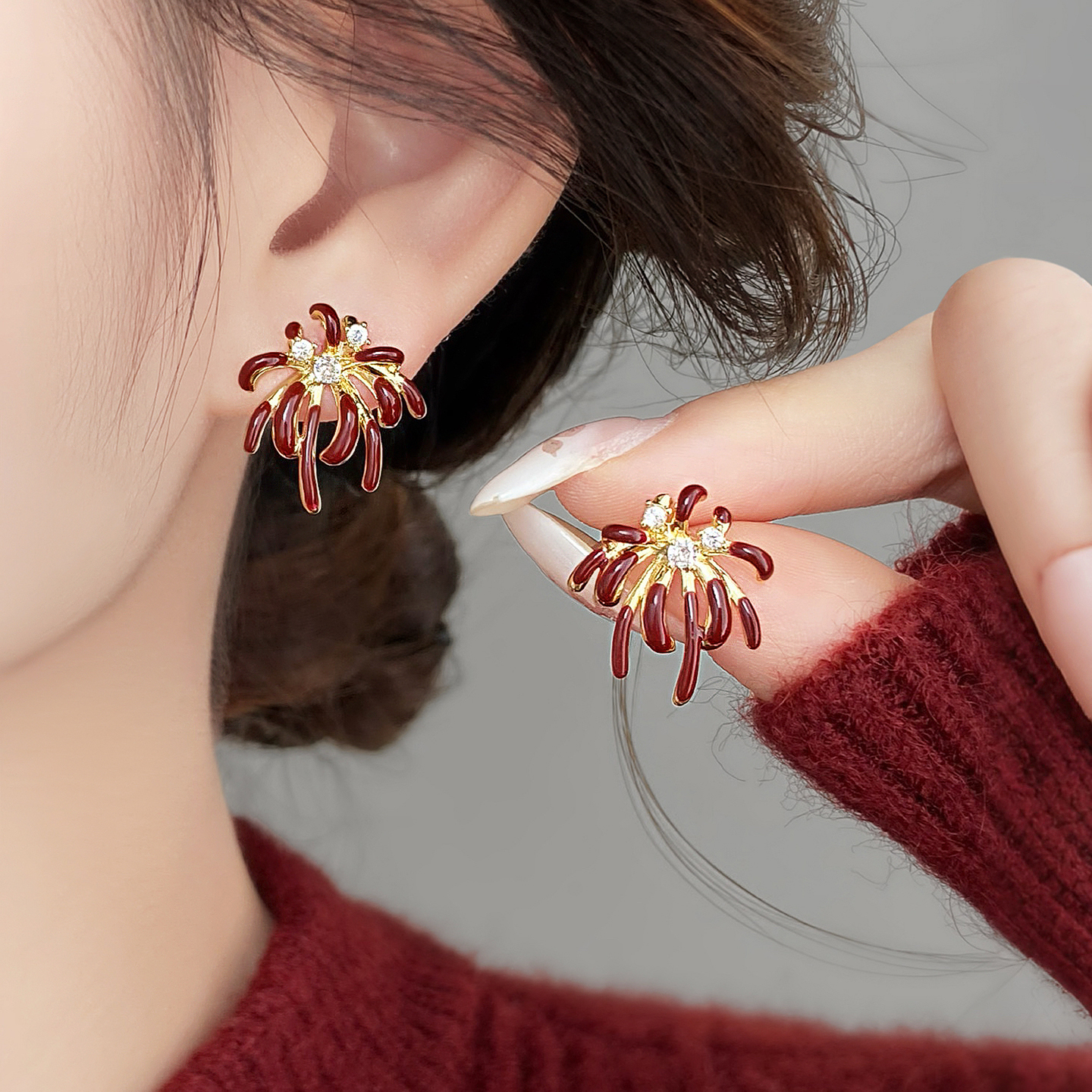 铜合金耳饰 红色珐琅烟花耳环女小众独特高级感气质耳钉新年耳饰 