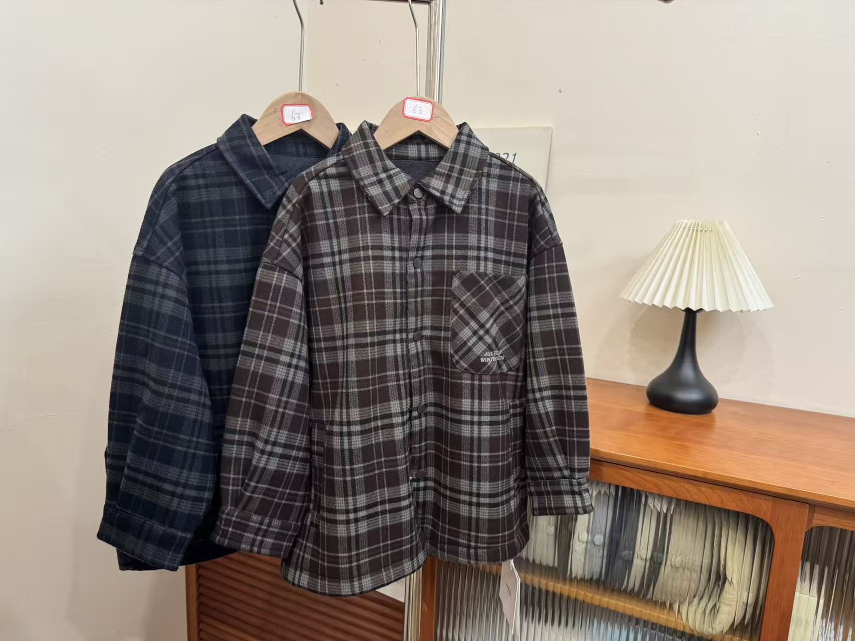 2025九坐DM7031童装休闲风长袖复古格子翻领衬衫秋冬上衣儿童加绒