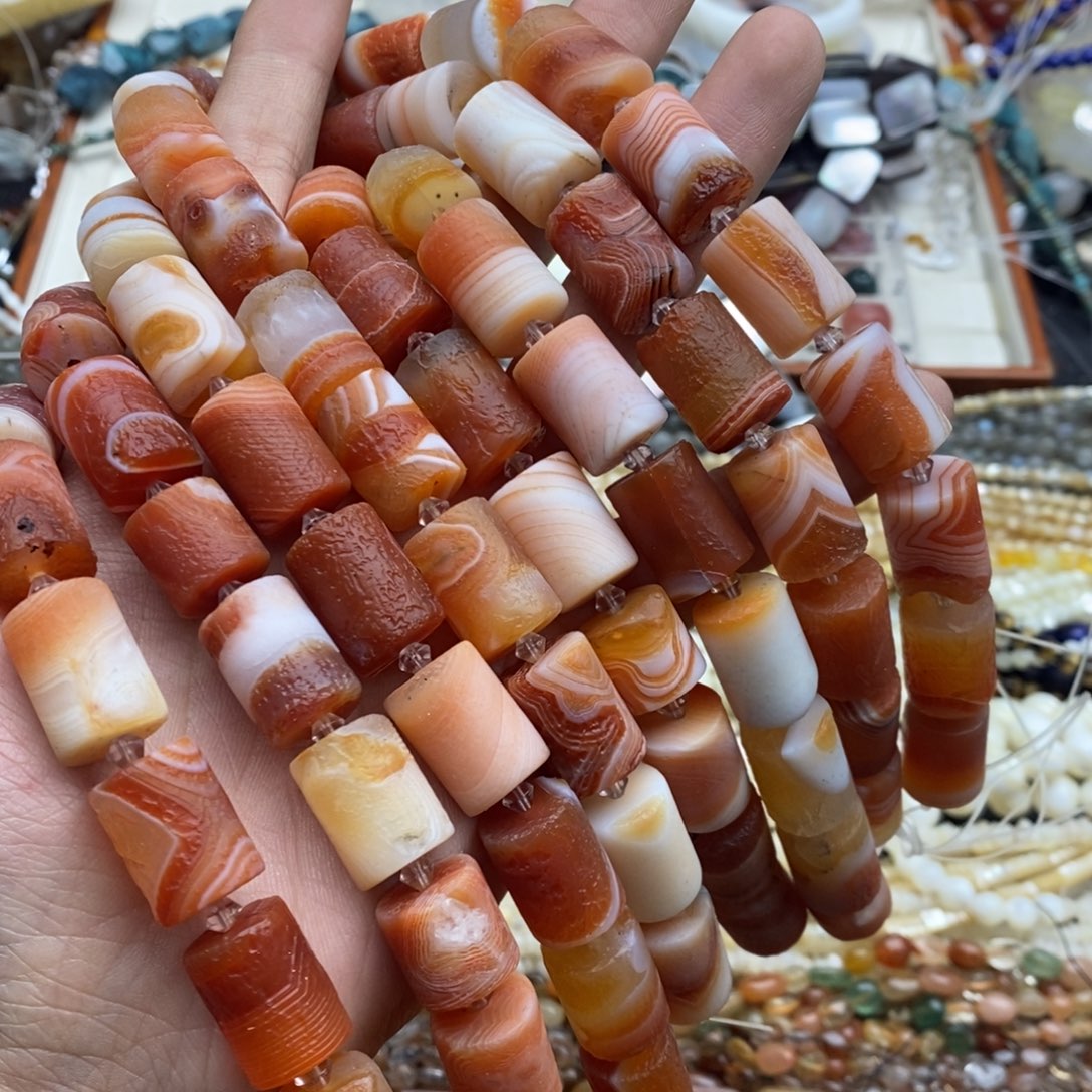 玛瑙/玉髓未镶嵌珠宝半成品三个13×17天然橘皮玛瑙桶珠