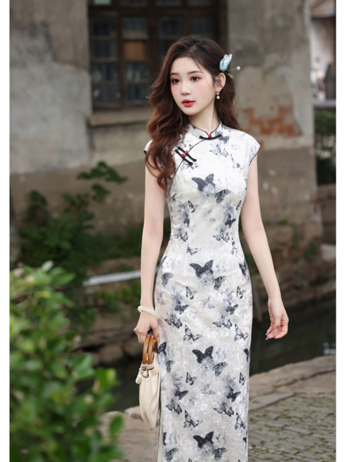 （墨香）春夏新款金钻绒无袖时尚改良日常穿年轻长款优雅大方旗袍裙