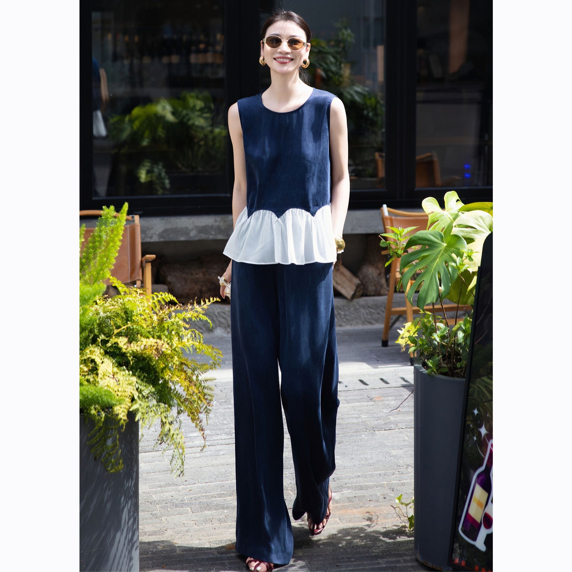 ZEROYK时尚休闲两件套2025夏季设计感法式时髦撞色背心阔腿裤套装