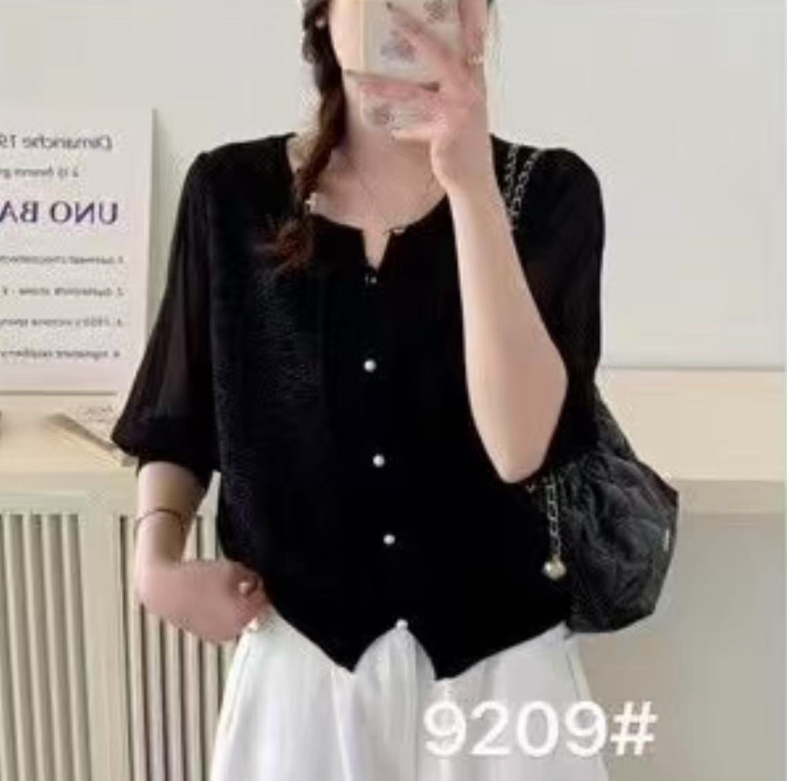 国风珍珠/时尚百搭拼接钩花浮雕七分袖女士套头针织衫033112