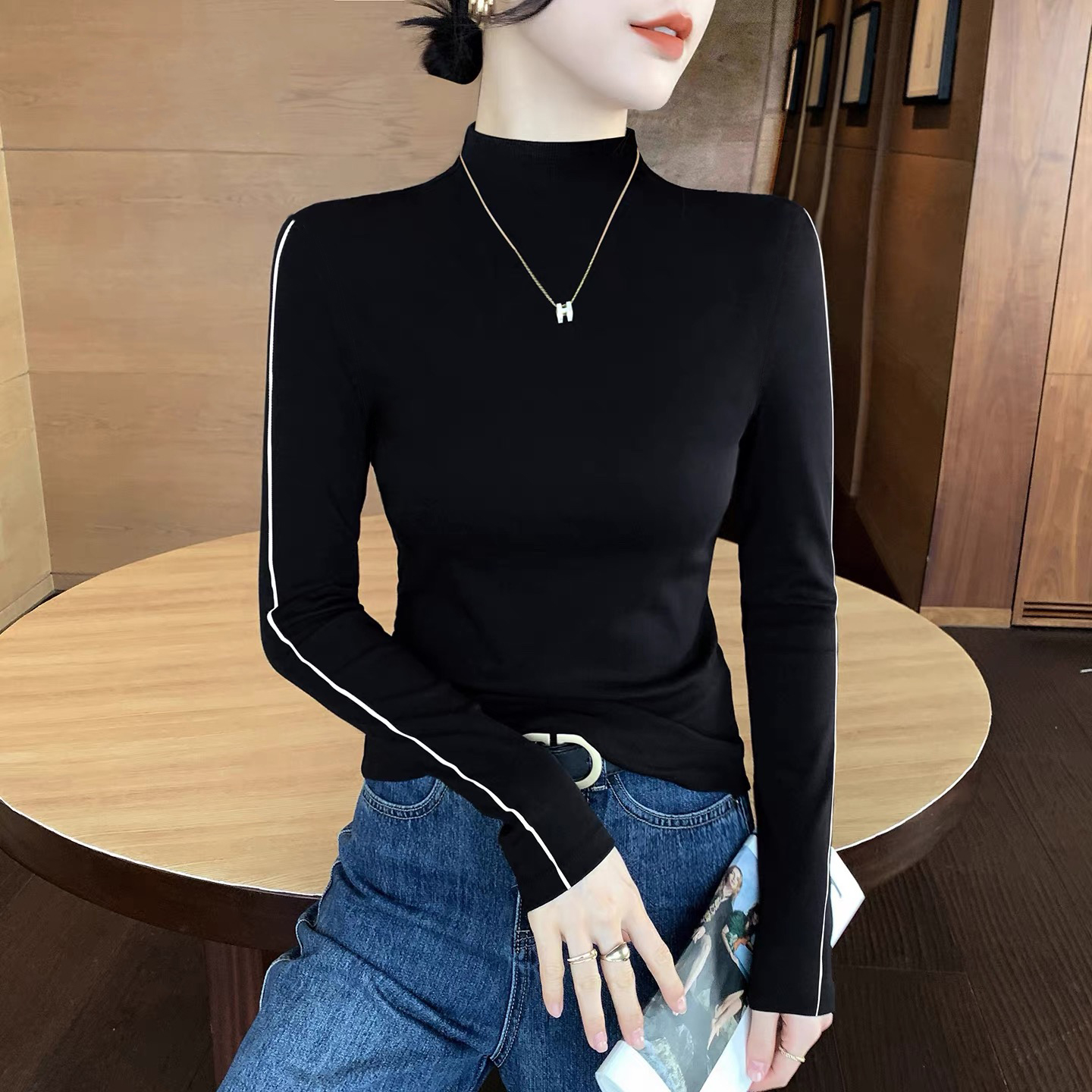 玲姐定制-撞色内搭设计感小众长袖高级感可外穿打底衫492215