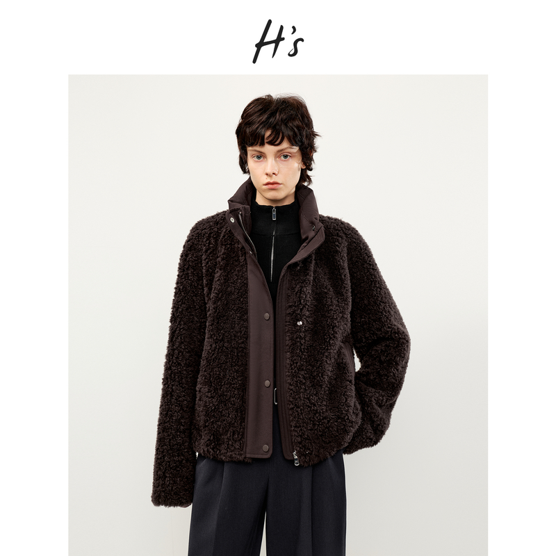 【进口澳毛】H'S仿麂皮拼接立领短外套女25冬新款高级设计皮草