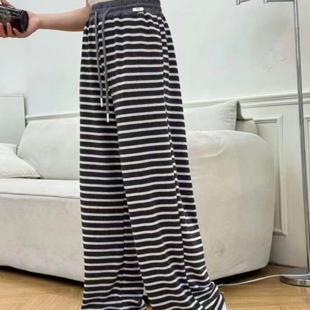 秋季女童撞色条纹阔腿裤慵懒感高腰拖地休闲长裤