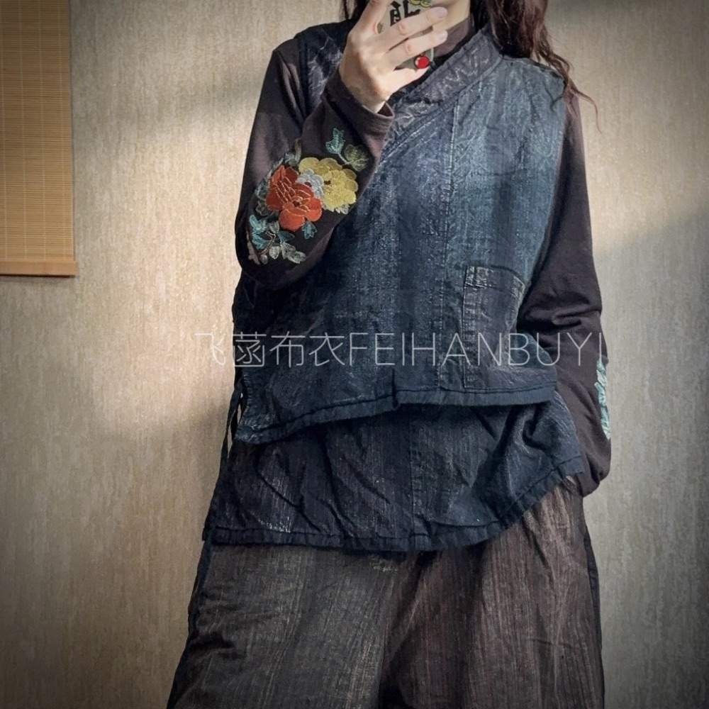 复古炒色秋冬手织老布加棉休闲宽松茶服马甲（长50-75胸围135）