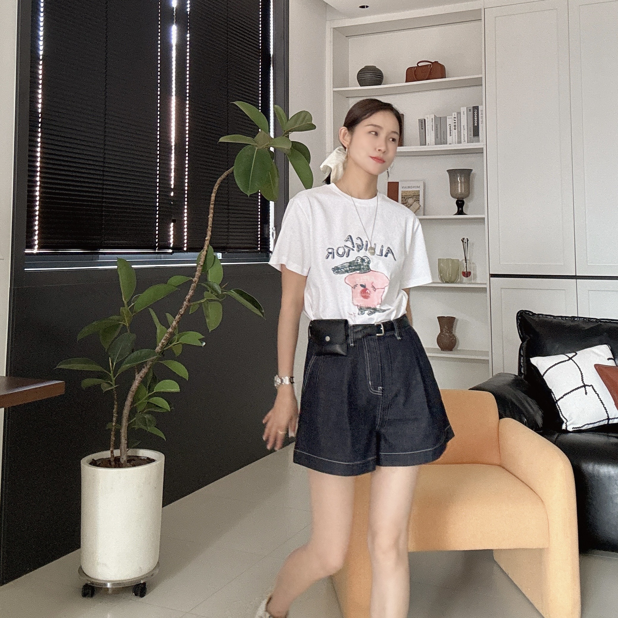 【丽姐女装】丹宁短裤｜梨形显瘦A版 质感撞线干爽全棉短裤K0366