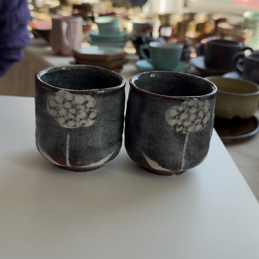 瓷片志野烧蒲公英手握杯2只