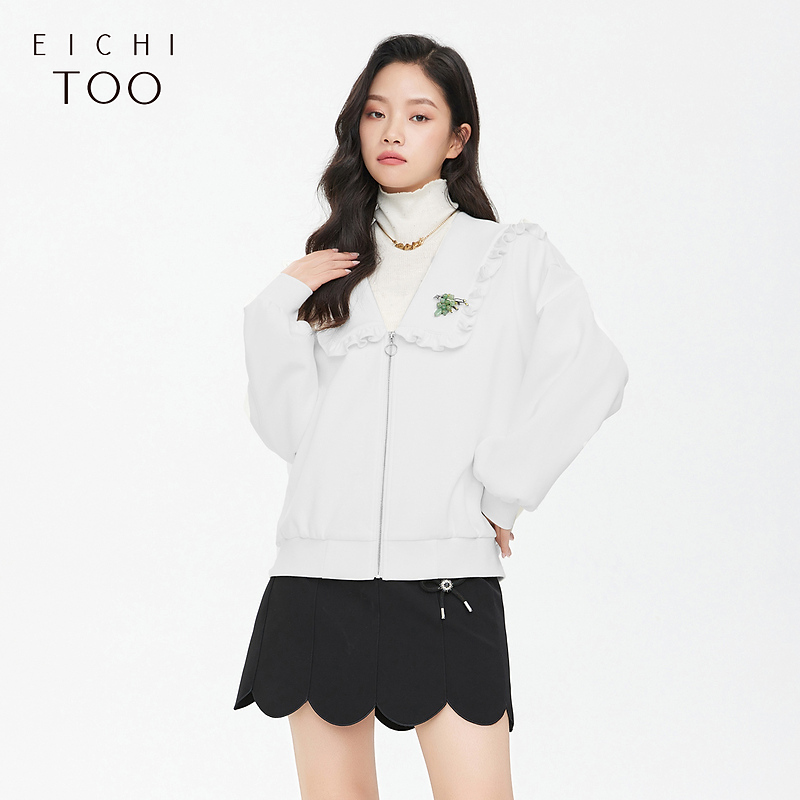 爱居兔木耳边大翻领玉石胸针配饰茄克外套EWJAJ3M006A