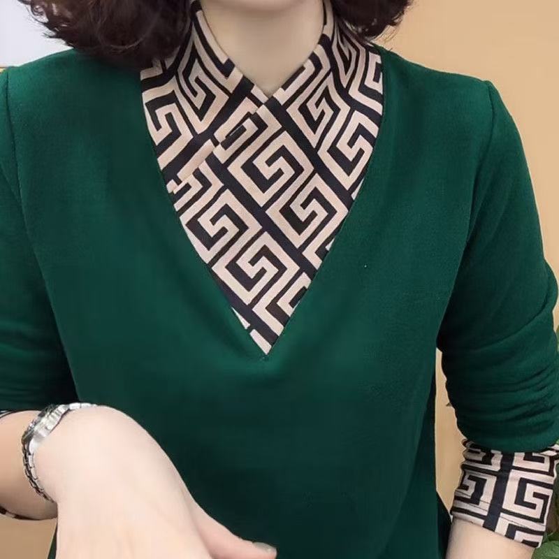 【新品上新】交叉领印花长袖T恤女外穿打底小衫高档气质妈妈上衣