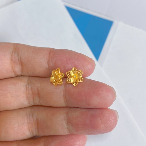 足金999花丝镂空双层花耳钉弯钩时尚国潮黄金