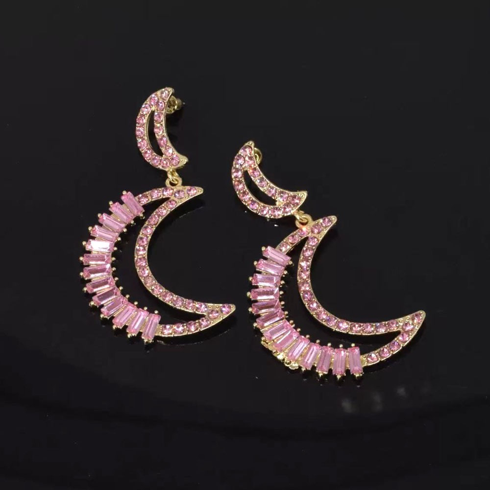 铜合金合成锆石耳饰 粉色月亮重工镶钻锆石耳环时尚百搭设计感甜