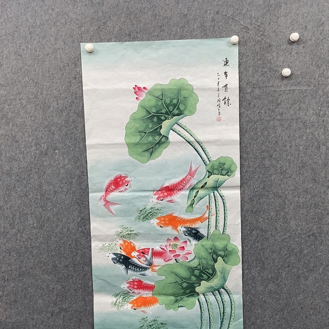 国画四尺工笔九鱼一副