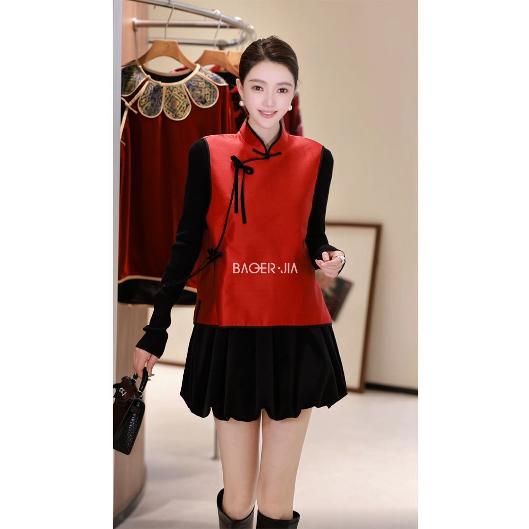 53-宝儿家含幂BJ124025412XQ桑蚕丝羊毛新中式立领系带红色马甲