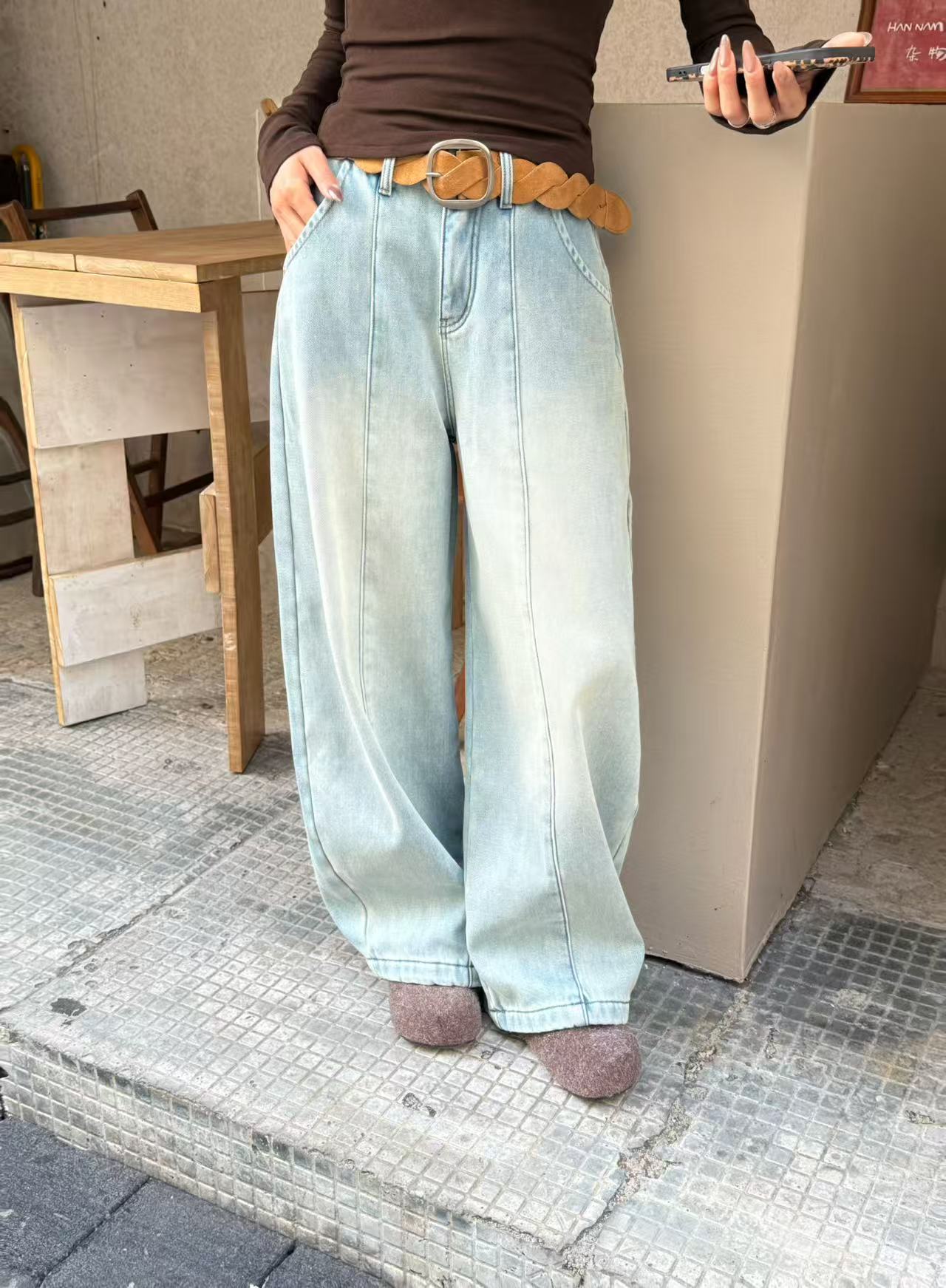 唐火火【暖冬蓝韵】秋冬新款宽松加绒加厚显瘦百搭牛仔阔腿裤